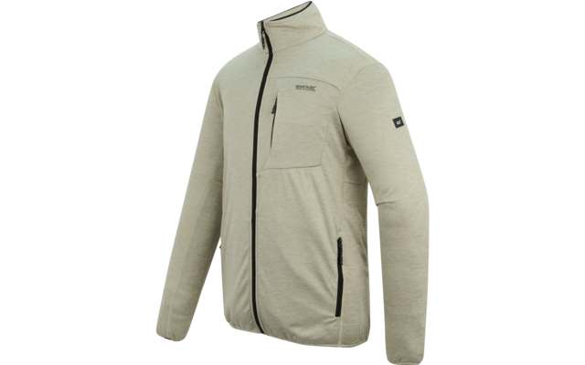 Hellbeige Jacke mit durchgehendem Reißverschluss, Stehkragen, zwei seitlichen Reißverschlusstaschen, einer vertikalen Brusttasche mit Reißverschluss und sichtbarem Markenlogo auf Brust und linkem Ärmel