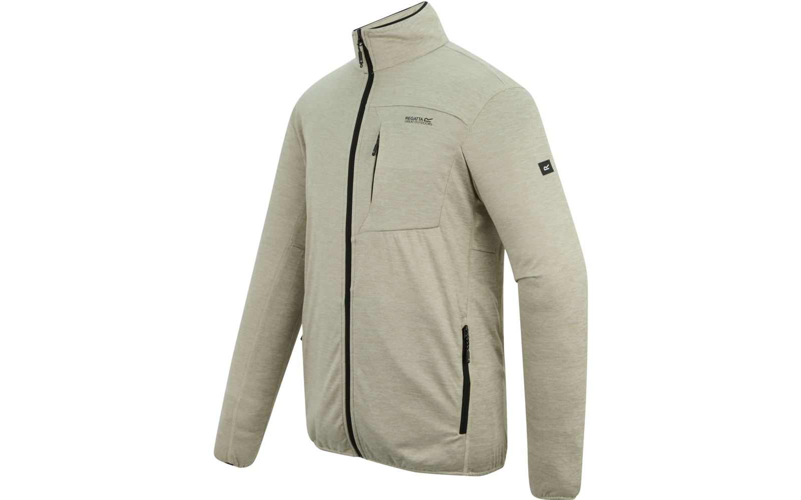 Hellbeige Jacke mit durchgehendem Reißverschluss, Stehkragen, zwei seitlichen Reißverschlusstaschen, einer vertikalen Brusttasche mit Reißverschluss und sichtbarem Markenlogo auf Brust und linkem Ärmel