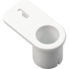Pièce en plastique blanche avec partie supérieure rectangulaire arrondie comportant une fente en forme de trou de serrure, grande cavité circulaire à côté et tige cylindrique inférieure
