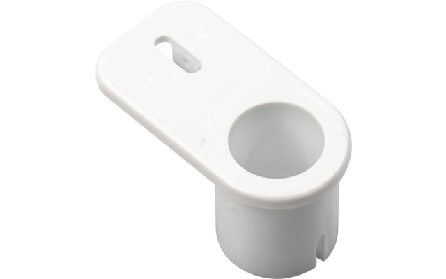 Pièce en plastique blanche avec partie supérieure rectangulaire arrondie comportant une fente en forme de trou de serrure, grande cavité circulaire à côté et tige cylindrique inférieure