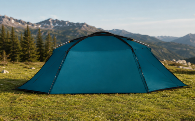 Tente bleue sur une prairie, avec des conifères et des montagnes en arrière-plan sous un ciel dégagé