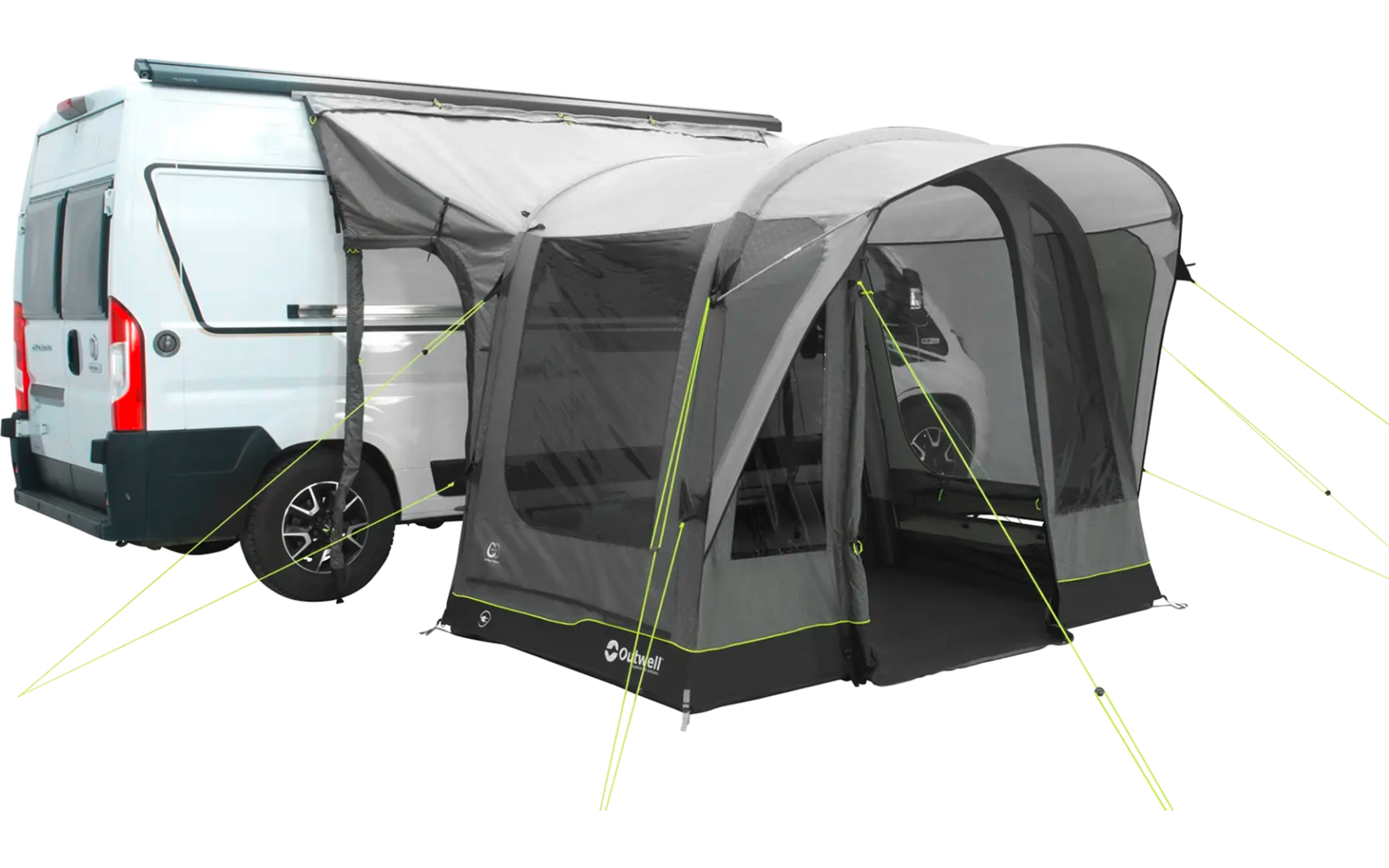 Wohnmobil mit einem angehängten, grauen Vorzelt auf einer weißen Fläche