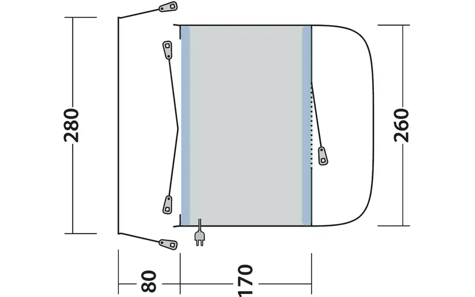 Technische Zeichnung eines rechteckigen Objekts mit Maßen, 260 mm Höhe und 240 mm Breite