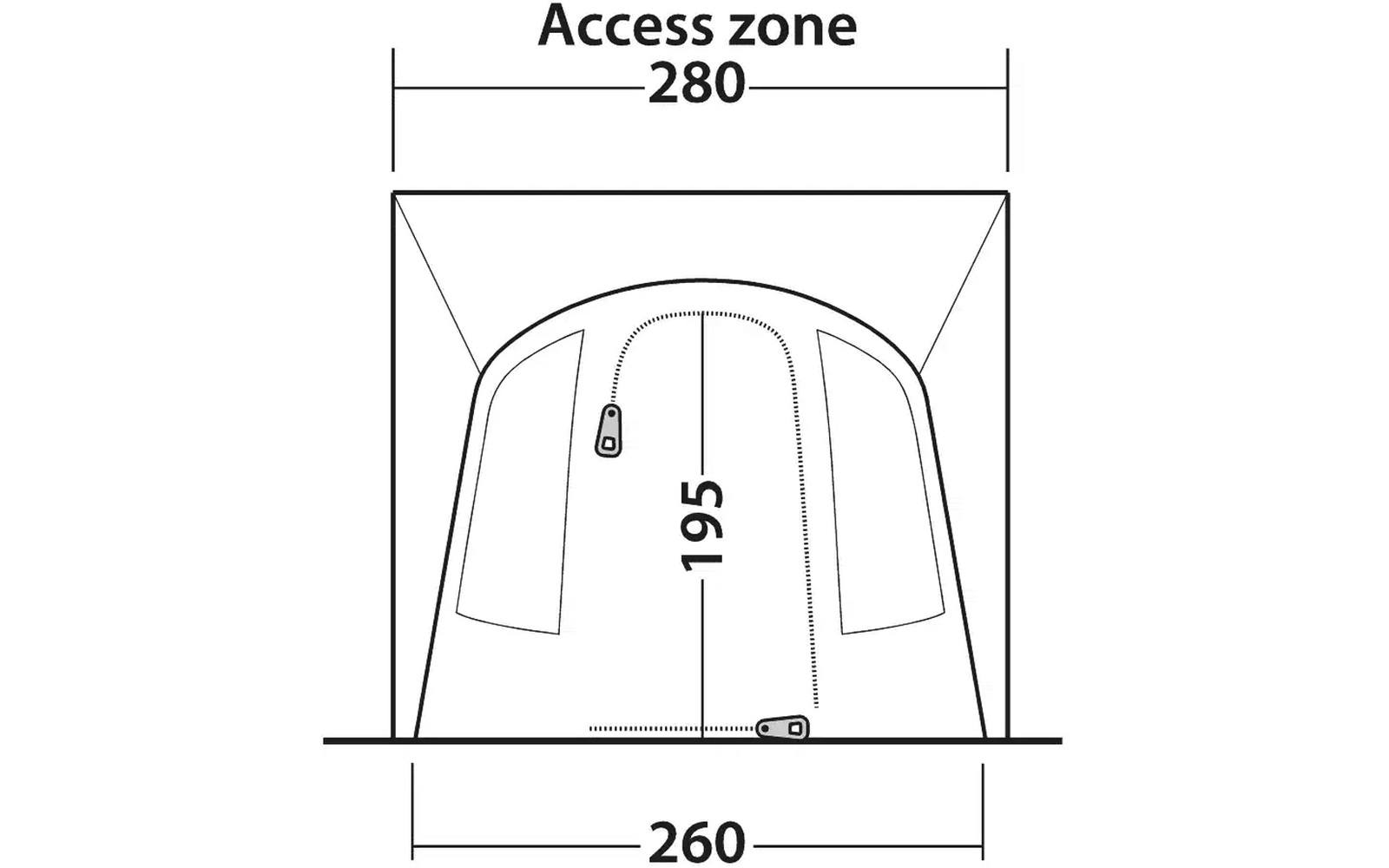 Technische Zeichnung eines Zeltes mit Maßen in Zentimetern