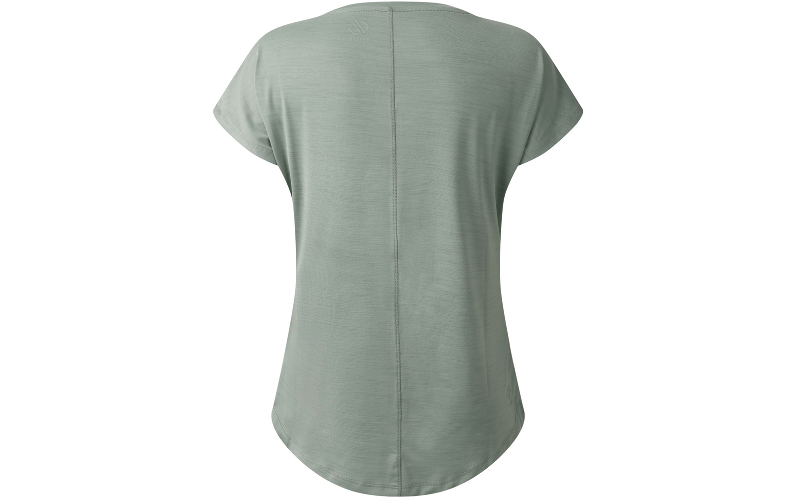 Hellgrünes kurzärmeliges Oberteil, Rückansicht, zentrale vertikale Naht, abgerundeter Saum, leichte Stoffstruktur, auf weißem Hintergrund