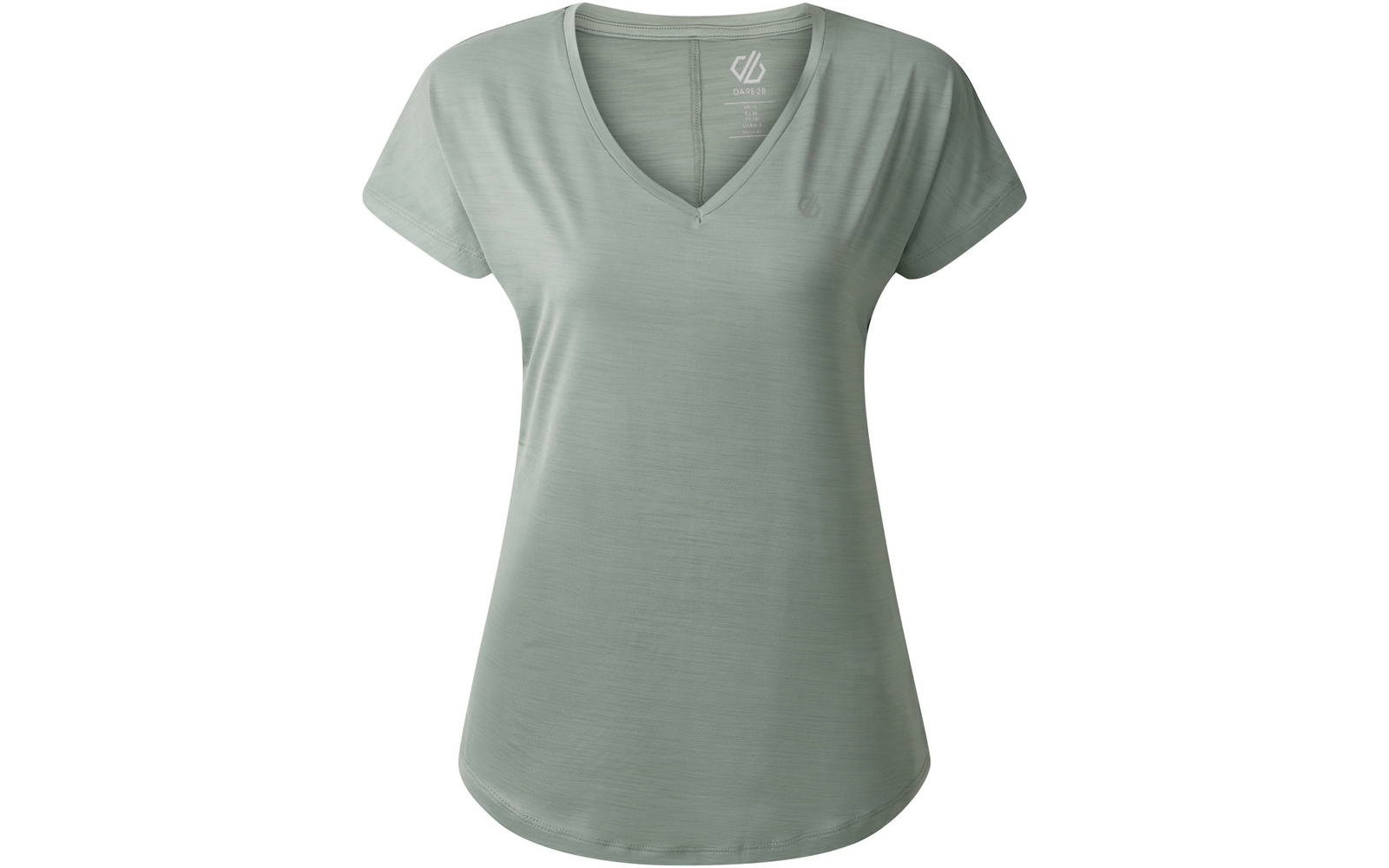 Hellgrünes T-Shirt mit V-Ausschnitt, kurzen Ärmeln und kleinem Logo auf der linken Brust, vor weißem Hintergrund