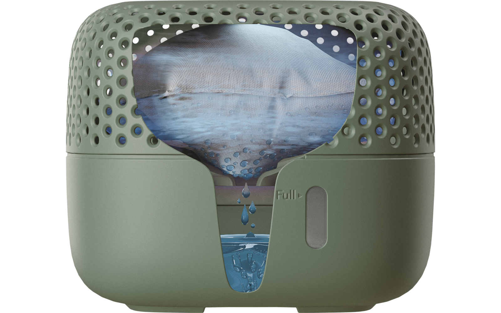 Ein grünes, rechteckiges Gerät mit Lüftungsschlitzen an der Oberseite, aus dem eine Wasserblase mit Berglandschaft heraustropft