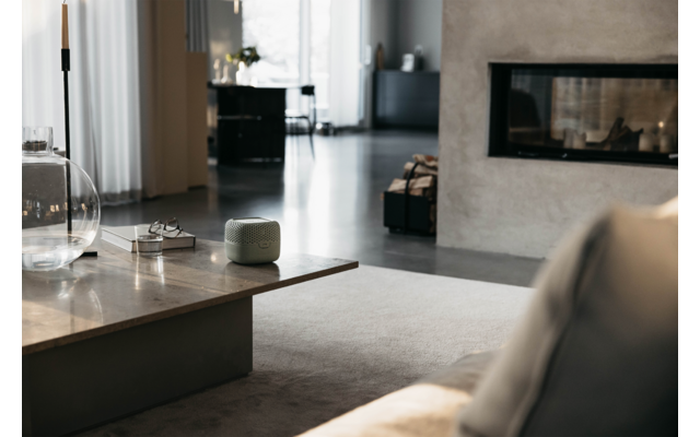 Moderner Wohnraum mit Sofa, Couchtisch und Kamin