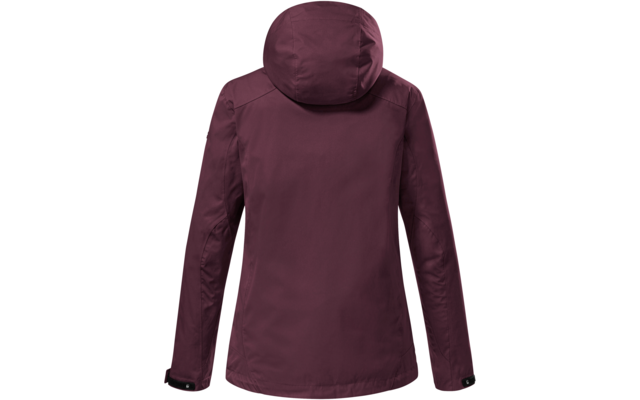 Rückenansicht einer dunkelbordeauxfarbenen Jacke mit Kapuze, langen Ärmeln, verstellbaren Klettverschlüssen an den Bündchen, sichtbaren Nähten, glatter Oberfläche, weißer Hintergrund