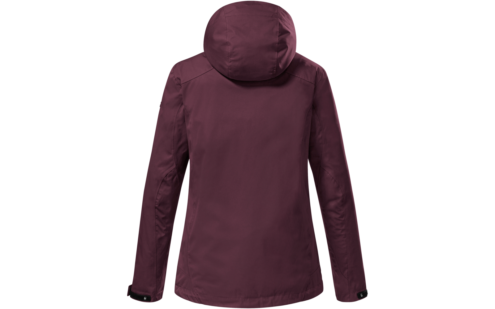 Rückenansicht einer dunkelbordeauxfarbenen Jacke mit Kapuze, langen Ärmeln, verstellbaren Klettverschlüssen an den Bündchen, sichtbaren Nähten, glatter Oberfläche, weißer Hintergrund