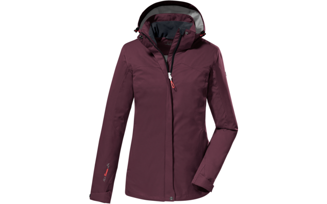 Bordeauxfarbene Kapuzenjacke mit durchgehendem, leicht seitlich verlaufendem Reißverschluss, langen Ärmeln, verstellbaren Manschetten und kleinem Reißverschluss an der Brust