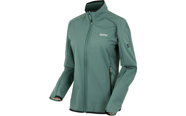 Grüne Softshell-Jacke mit Stehkragen und Reißverschluss vorne, langärmlig, auf weißem Hintergrund