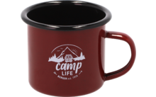 Tasse en émail rouge avec impression « camp life » et paysage de montagne