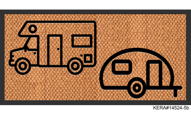 Zwei schwarze Kontur-Icons auf braunem, gewebtem Hintergrund: links ein Wohnmobil, rechts ein Wohnanhänger