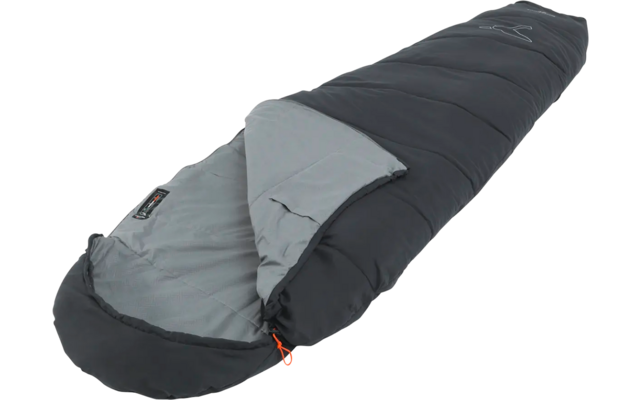 Grauer und schwarzer Schlafsack auf weißem Hintergrund