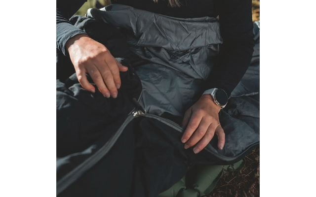 Hände in Wollhandschuhen öffnen den Reißverschluss einer schwarzen Jacke