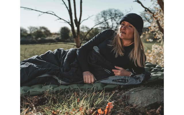 Frau in Outdoor-Bekleidung liegt auf einer Matte auf dem Gras, im Hintergrund Bäume und ein blauer Himmel