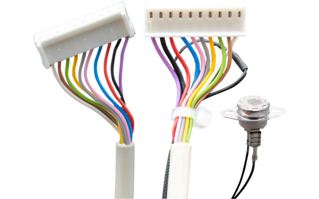 Zwei weiße Mehrfachstecker mit bunten Kabeln und ein rundes Metallbauteil mit zwei schwarzen Drähten