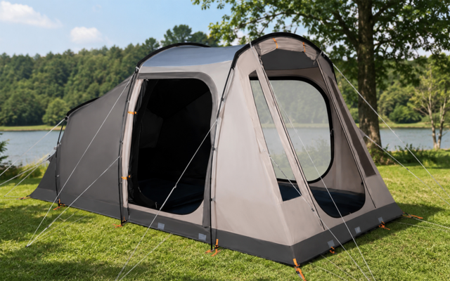 Grote grijze tent met open ingang op groen gras bij een meer, op de achtergrond bomen en blauwe lucht