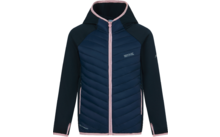 Dunkelblaue Kapuzenjacke mit hellrosa Besatz, durchgehendem Reißverschluss, gesteppter Vorderseite, seitlichen Reißverschlusstaschen und Logos auf Brust und Ärmel