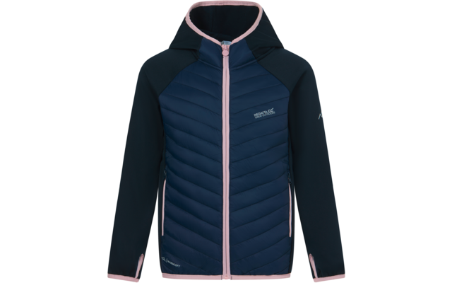 Dunkelblaue Kapuzenjacke mit hellrosa Besatz, durchgehendem Reißverschluss, gesteppter Vorderseite, seitlichen Reißverschlusstaschen und Logos auf Brust und Ärmel