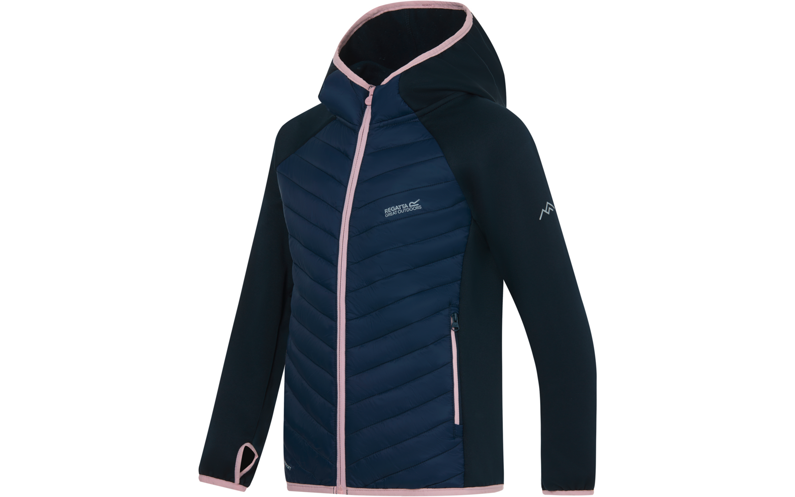 Dunkelblaue Kapuzenjacke mit gestepptem Vorderteil, rosa Reißverschlüssen und Einfassung, Brustlogo und Ärmelzeichen