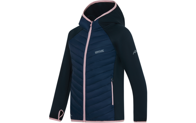 Dunkelblaue Kapuzenjacke mit gestepptem Vorderteil, rosa Reißverschlüssen und Einfassung, Brustlogo und Ärmelzeichen