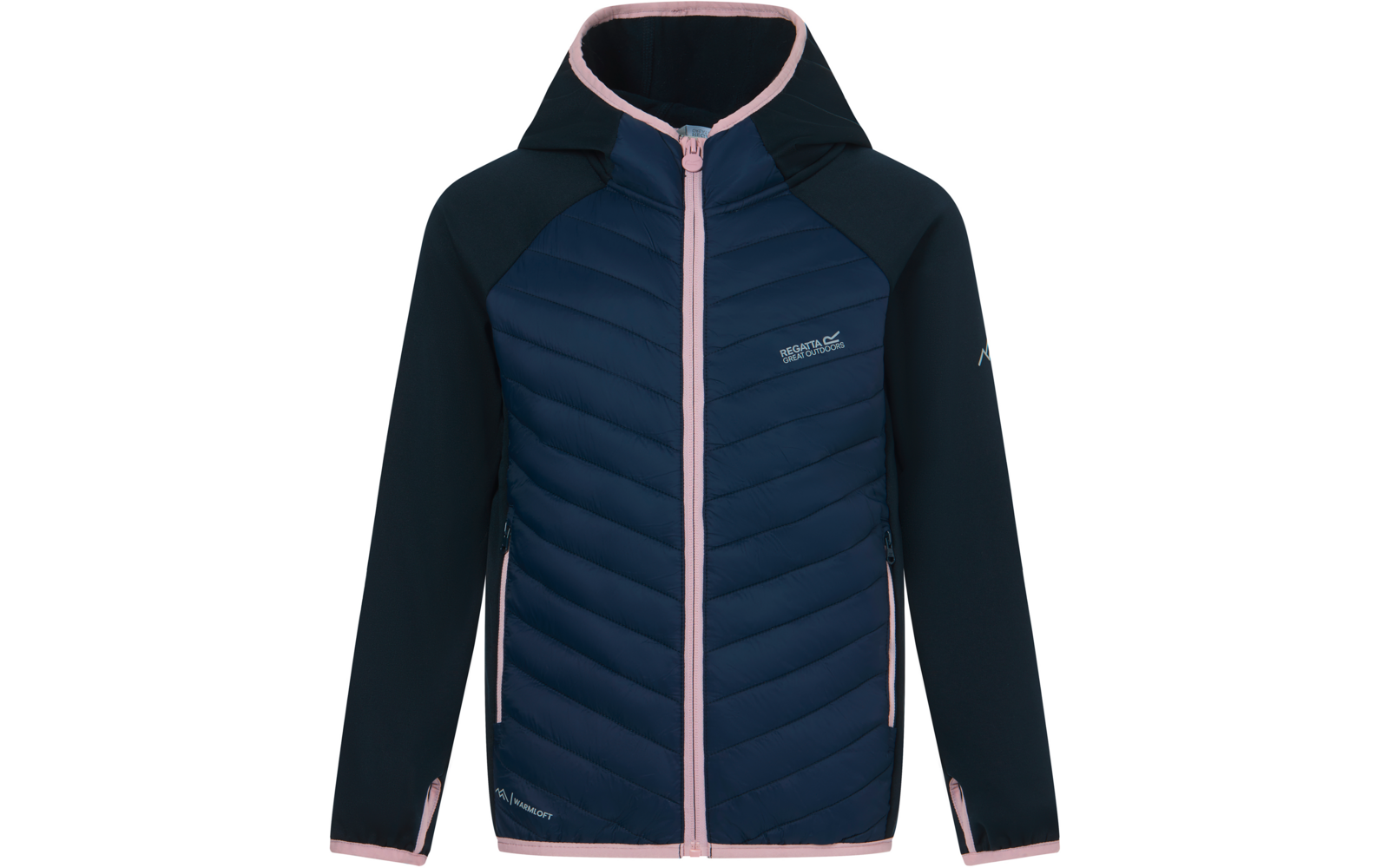 Dunkelblaue Kapuzenjacke mit hellrosa Besatz, durchgehendem Reißverschluss, gesteppter Vorderseite, seitlichen Reißverschlusstaschen und Logos auf Brust und Ärmel