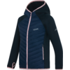 Dunkelblaue Kapuzenjacke mit gestepptem Vorderteil, rosa Reißverschlüssen und Einfassung, Brustlogo und Ärmelzeichen