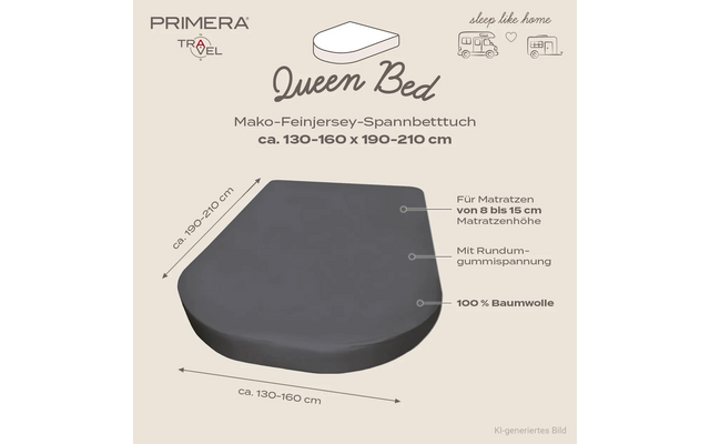 Donkergrijs afgerond hoeslaken op een schematische matras met pijlen en afmetingen (ca. 130–160 cm × 190–210 cm), merklogo 'PRIMERA TRAVEL', productnaam 'Queen Bed' en teksten 'Voor matrassen 8–15 cm', 'Met elastische rand rondom', '100% katoen'