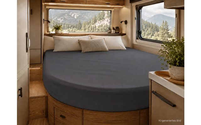 Interieur van een camper met een rond bed met donkergrijs hoeslaken, drie kussens (twee wit, één beige), houten kasten en lades, ramen met zicht op dennenbomen en bergen, een potplant op het aanrecht