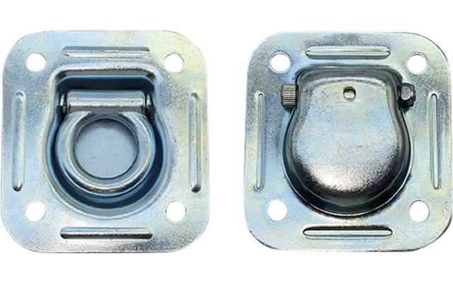 Zwei quadratische verzinkte Metallplatten mit je vier Befestigungslöchern; links eine eingesenkte Ringöse, rechts eine geschlossene Abdeckung über der Öse