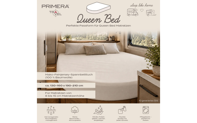 Bed met beige hoeslaken, twee kussens en één klein kussen, raam met bomen, nachtkastje met potplant, merklogo 'PRIMERA TRAVEL', tekst 'Queen Bed' en productinformatievakken met pictogrammen