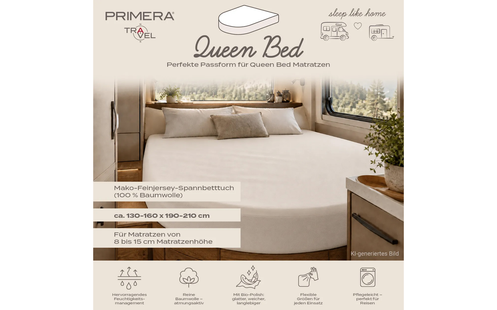 Bed met beige hoeslaken, twee kussens en één klein kussen, raam met bomen, nachtkastje met potplant, merklogo 'PRIMERA TRAVEL', tekst 'Queen Bed' en productinformatievakken met pictogrammen