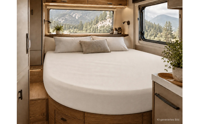 Interieur met rond bed, wit beddengoed, drie kussens, houten kasten, twee ramen met uitzicht op bergen en bos, planten