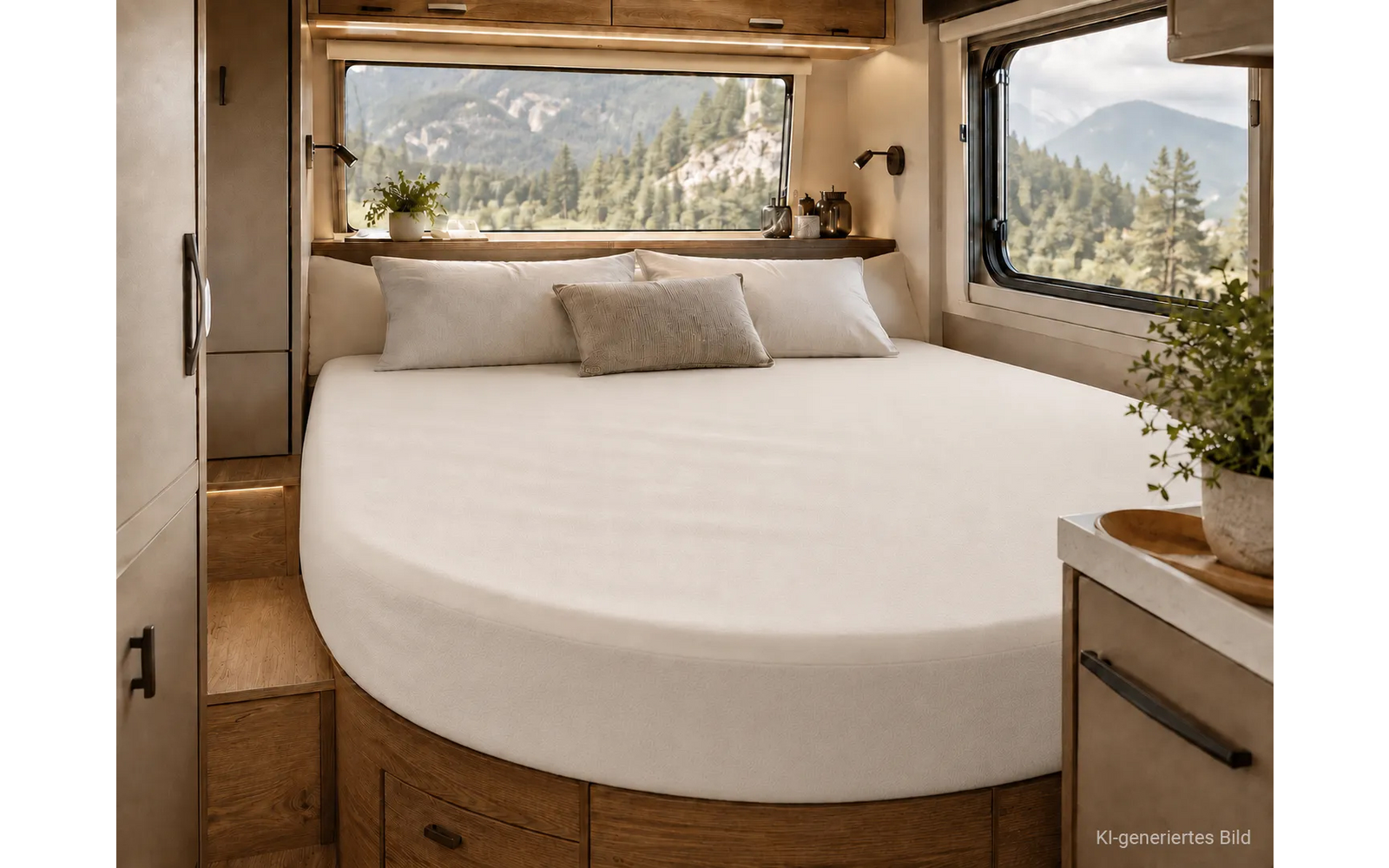 Interieur met rond bed, wit beddengoed, drie kussens, houten kasten, twee ramen met uitzicht op bergen en bos, planten