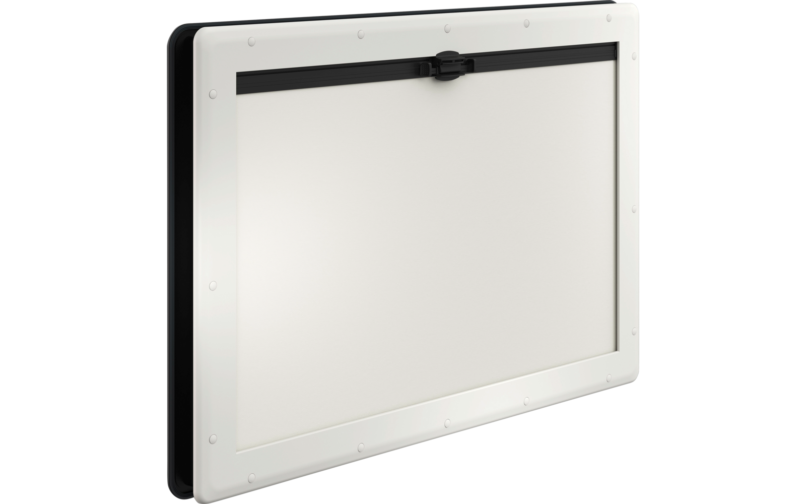 Rechteckiges weißes Paneel mit schwarzem Rahmen, schwarzem Verschluss oben und Nieten entlang der Kante
