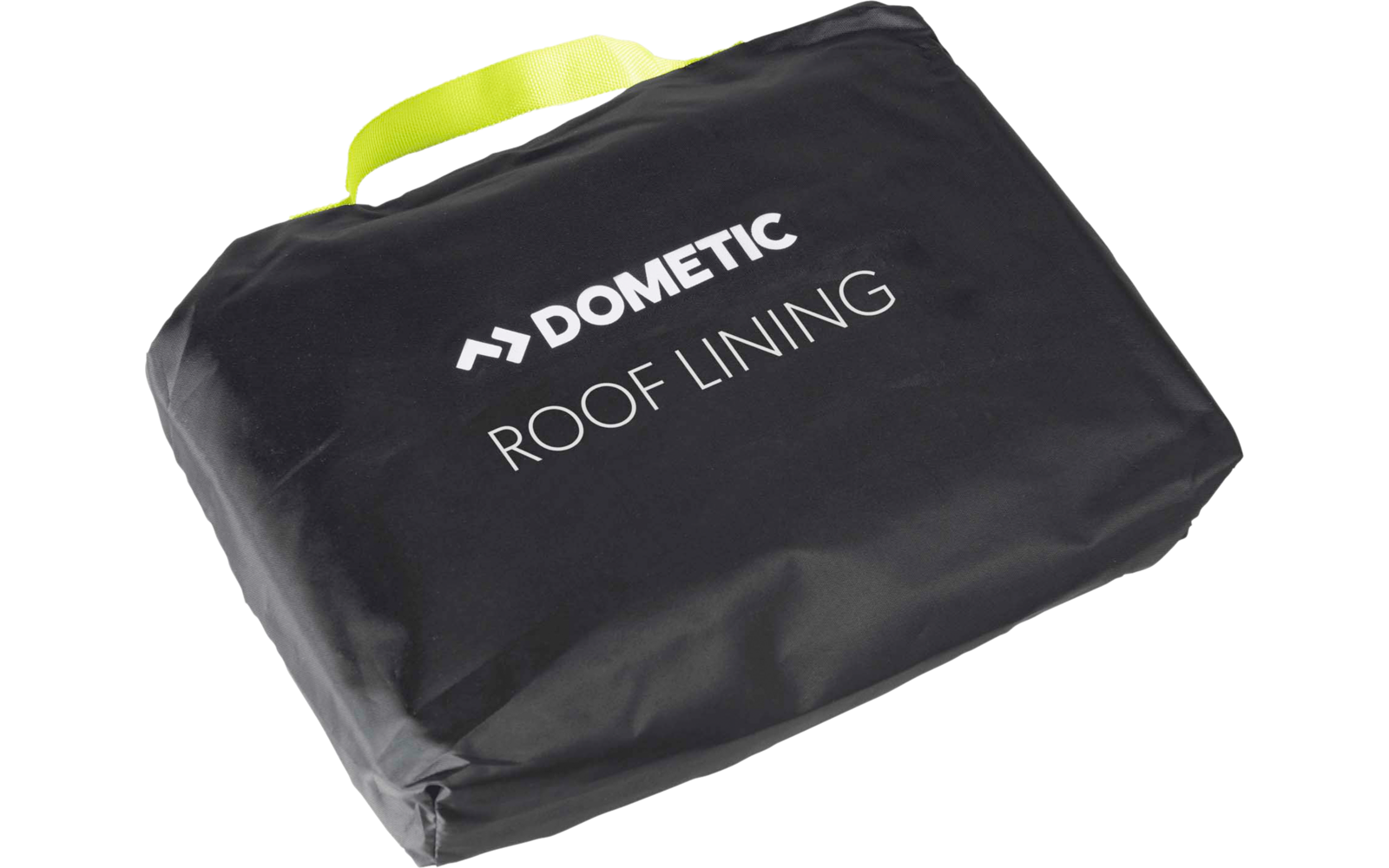 Schwarze rechteckige Stofftasche mit gelb-grünem Griff und weißer Aufschrift 'DOMETIC ROOF LINING'