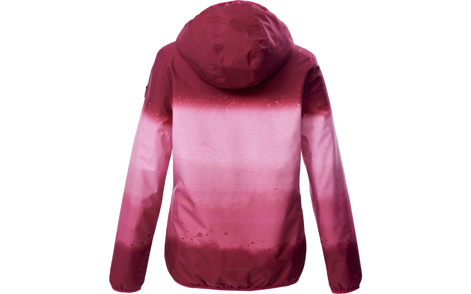 Rückenansicht einer Kapuzenjacke mit Farbverlauf von dunklem Burgunderrot oben und unten zu hellem Rosa in der Mitte, lange Ärmel