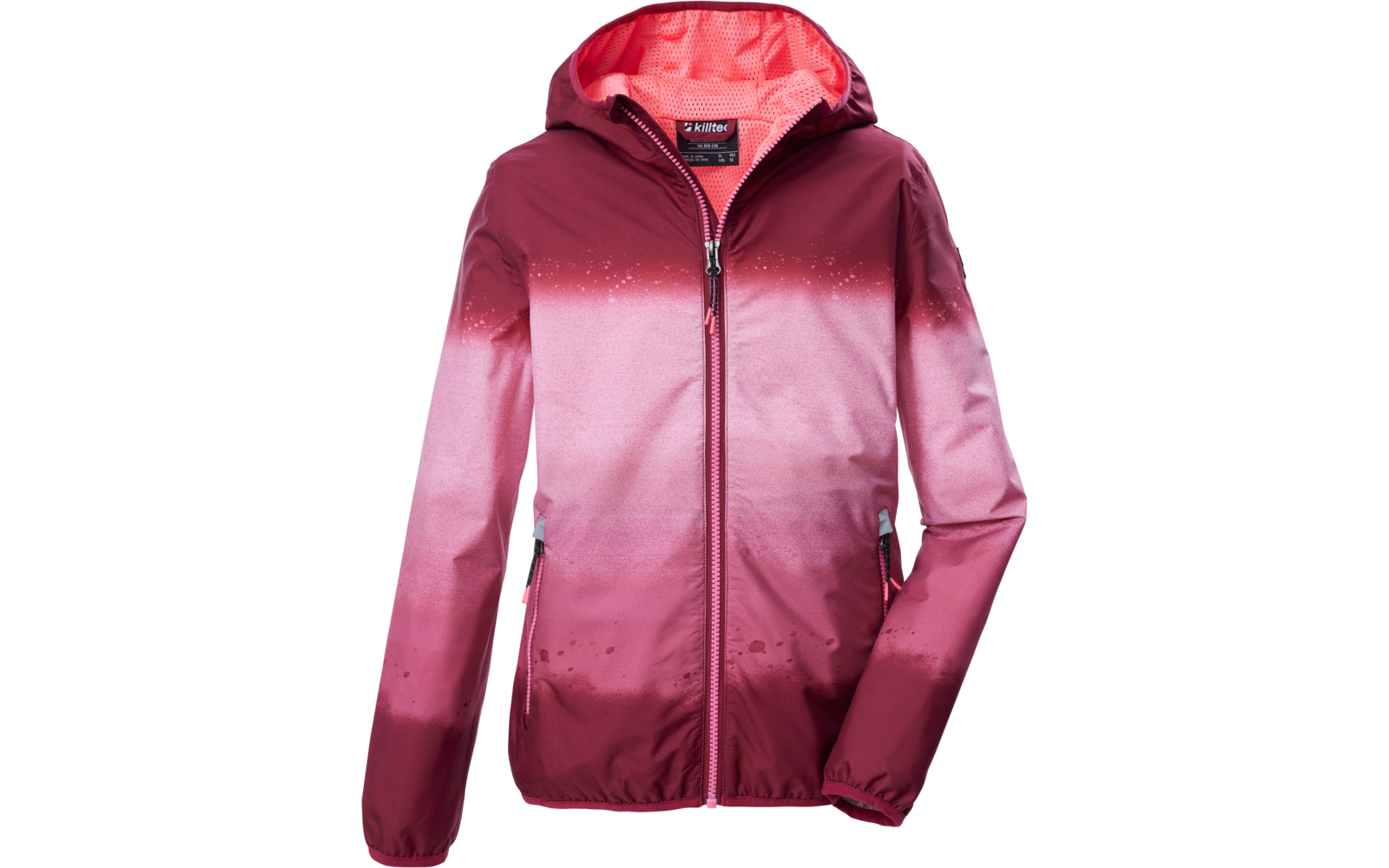 Leichte Kapuzenjacke mit durchgehendem Reißverschluss, Farbverlauf von hellrosa oben zu dunklem Beerenrot unten, zwei seitliche Reißverschlusstaschen, dezente Sprenkel, elastische Bündchen, hellrosa gefütterte Kapuze