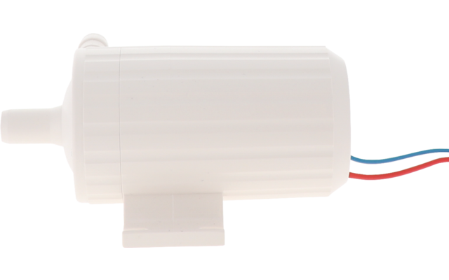 wit kunststofhuis met geribbelde oppervlakte, cilindrische vorm, korte buisvormige aansluiting links, drie gekleurde draden rechts (rood, blauw, zwart), montagevoet onderaan