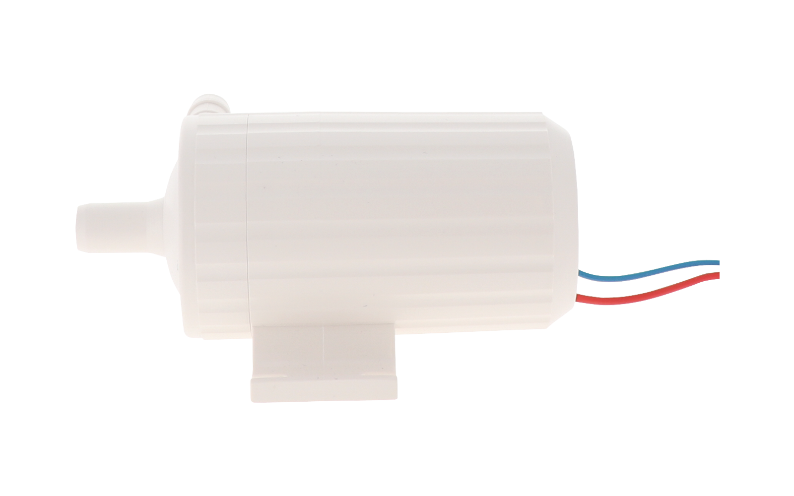 wit kunststofhuis met geribbelde oppervlakte, cilindrische vorm, korte buisvormige aansluiting links, drie gekleurde draden rechts (rood, blauw, zwart), montagevoet onderaan