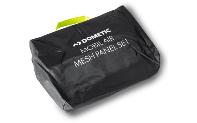 Schwarze rechteckige Stofftasche mit neongelbem Griff, weißer Aufdruck "DOMETIC MOBILAIR MESH PANEL SET", leichte Falten, weißer Hintergrund