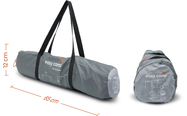 Graue Tragetasche aus Stoff mit schwarzen Tragegurten, seitlich liegend und von vorne stehend dargestellt