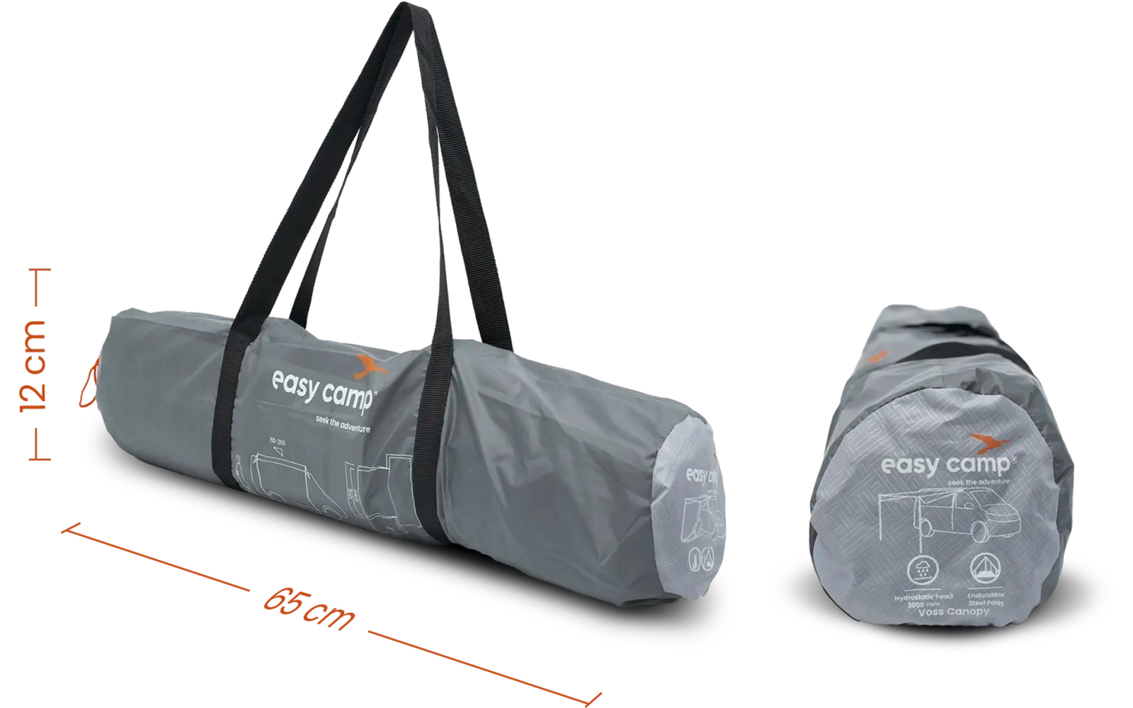 Graue Tragetasche aus Stoff mit schwarzen Tragegurten, seitlich liegend und von vorne stehend dargestellt