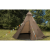 Brown teepee-style tent with open entrance, colorful pennant bunting in front, grass and trees in the background