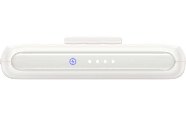 Weißes elektronisches Gerät mit vier leuchtenden Anzeigeleuchten und einem Bluetooth-Symbol
