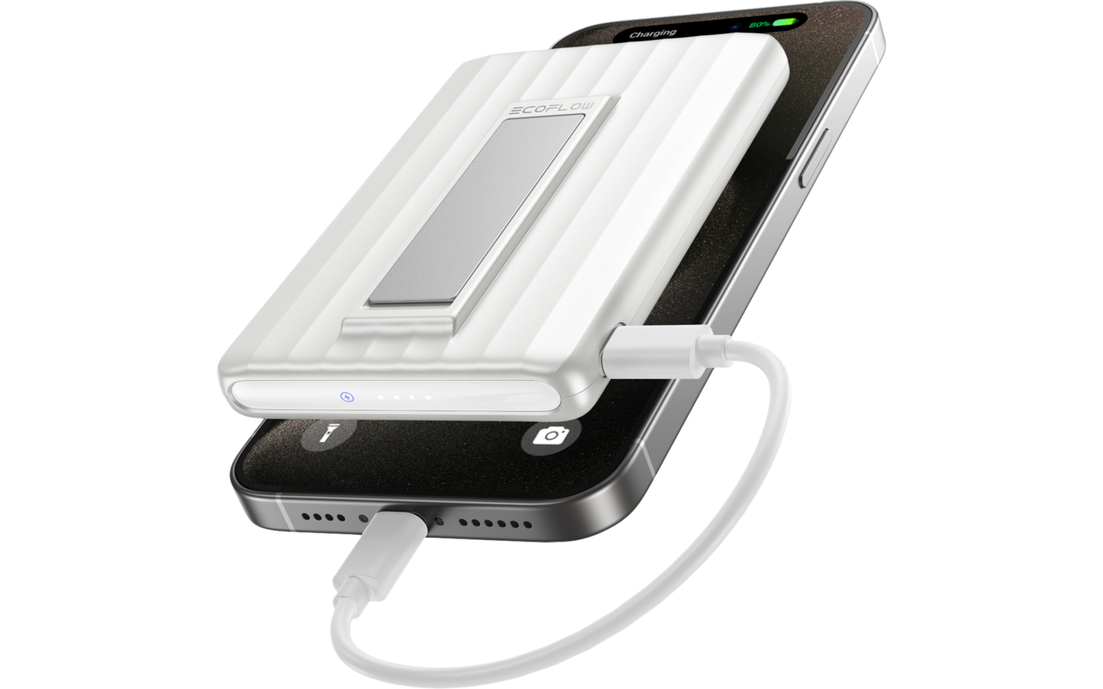 Weißes Ladegerät mit integriertem Smartphone-Halter, verbunden mit einem schwarzen Smartphone
