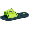 Neongelber Slide mit offener Vorderseite, dunkelblauer Sohle und kleinem dunkelblauem Logo auf Riemen und Fußbett