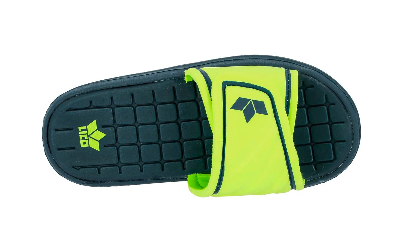 Neongelbe Slide-Pantolette mit dunklem Fußbett und Logo, Draufsicht